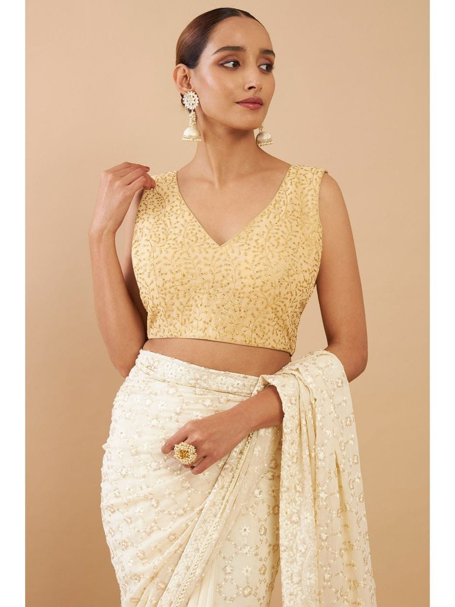 Georgette Embroidery Vneck Back open non padded beautiful saree blouse,