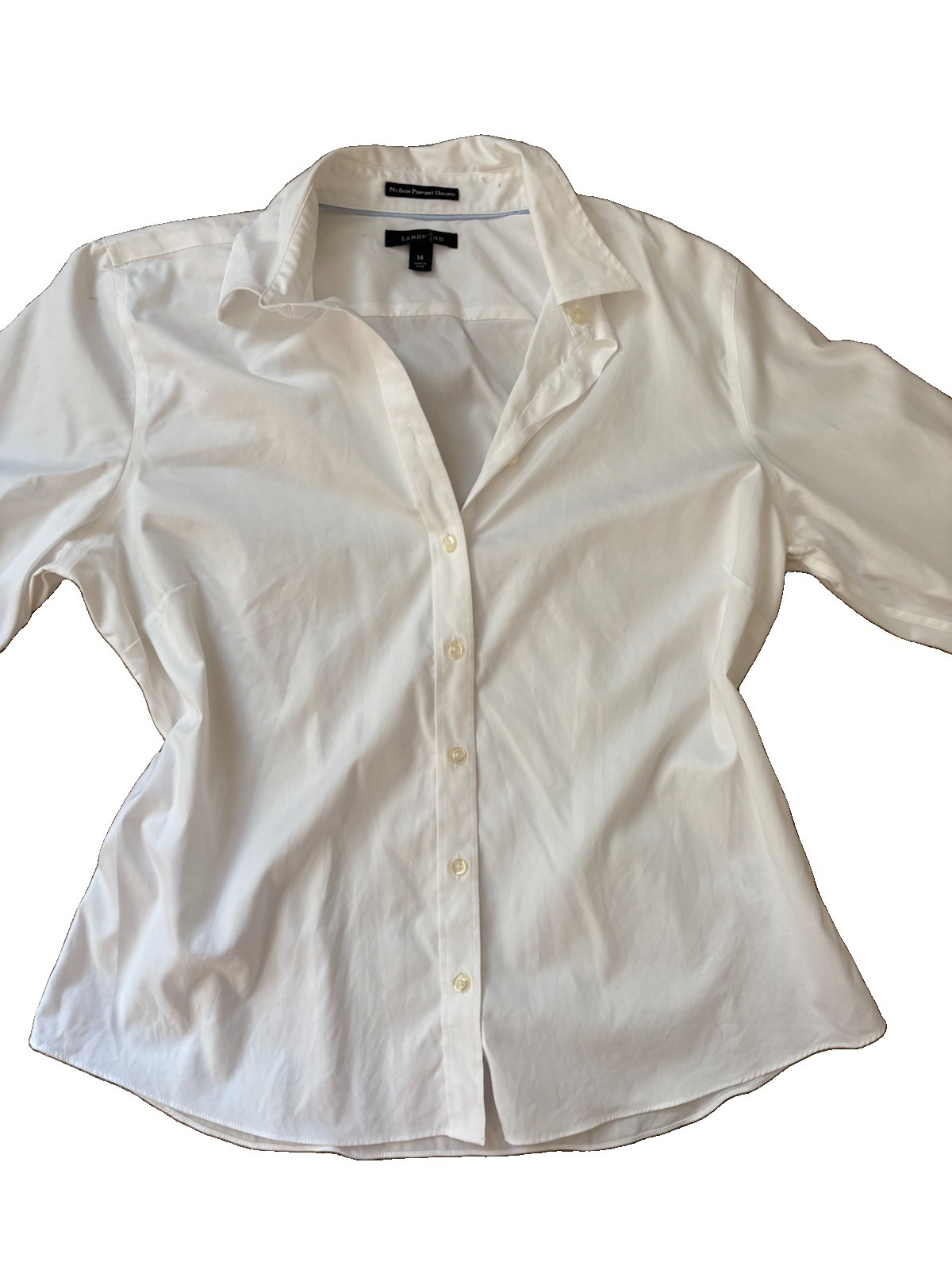 Lands’ End Shirt White Button Up Classic No Iron Collar Women’s size 14