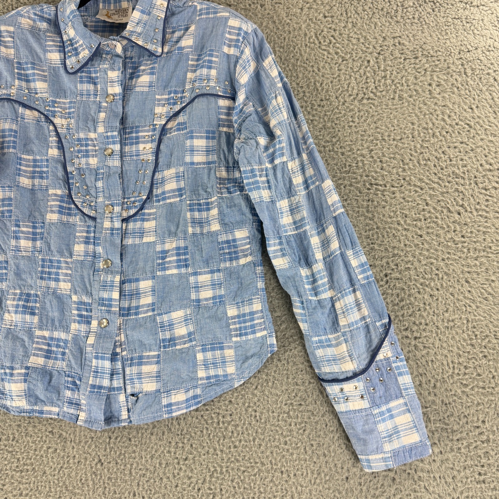 Western Collection Styles Snap Button Shirt Womens Medium Blue Patchwork VTG LS