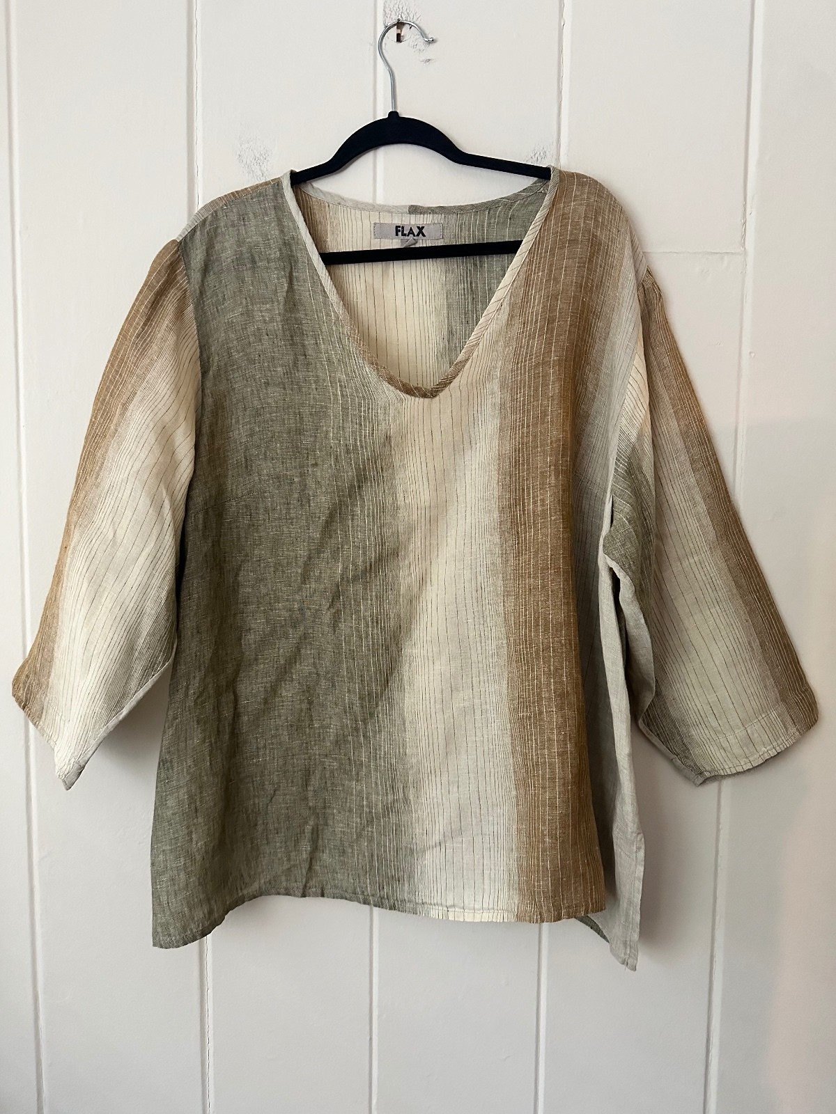 Flax Ombré Striped 100% Linen Tunic Top V-Neck Color Block Flax Size 1G (1X)