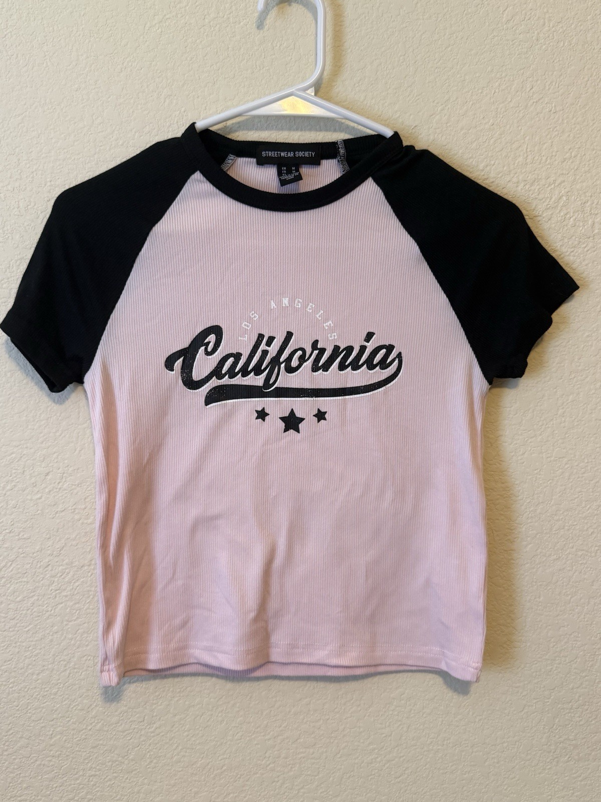 Streetwear Society Pink & Black ‘California’ Raglan Woman’s Tee SZ M