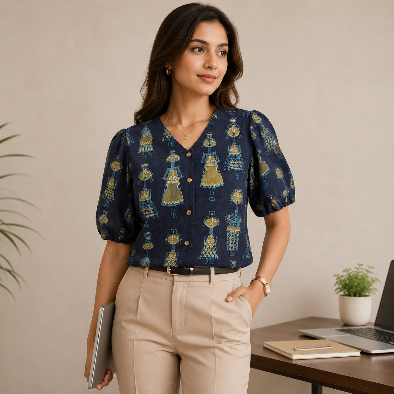 Indian Block Print Blouse Puff Sleeve Black Cotton Tribal Button Down Top Women