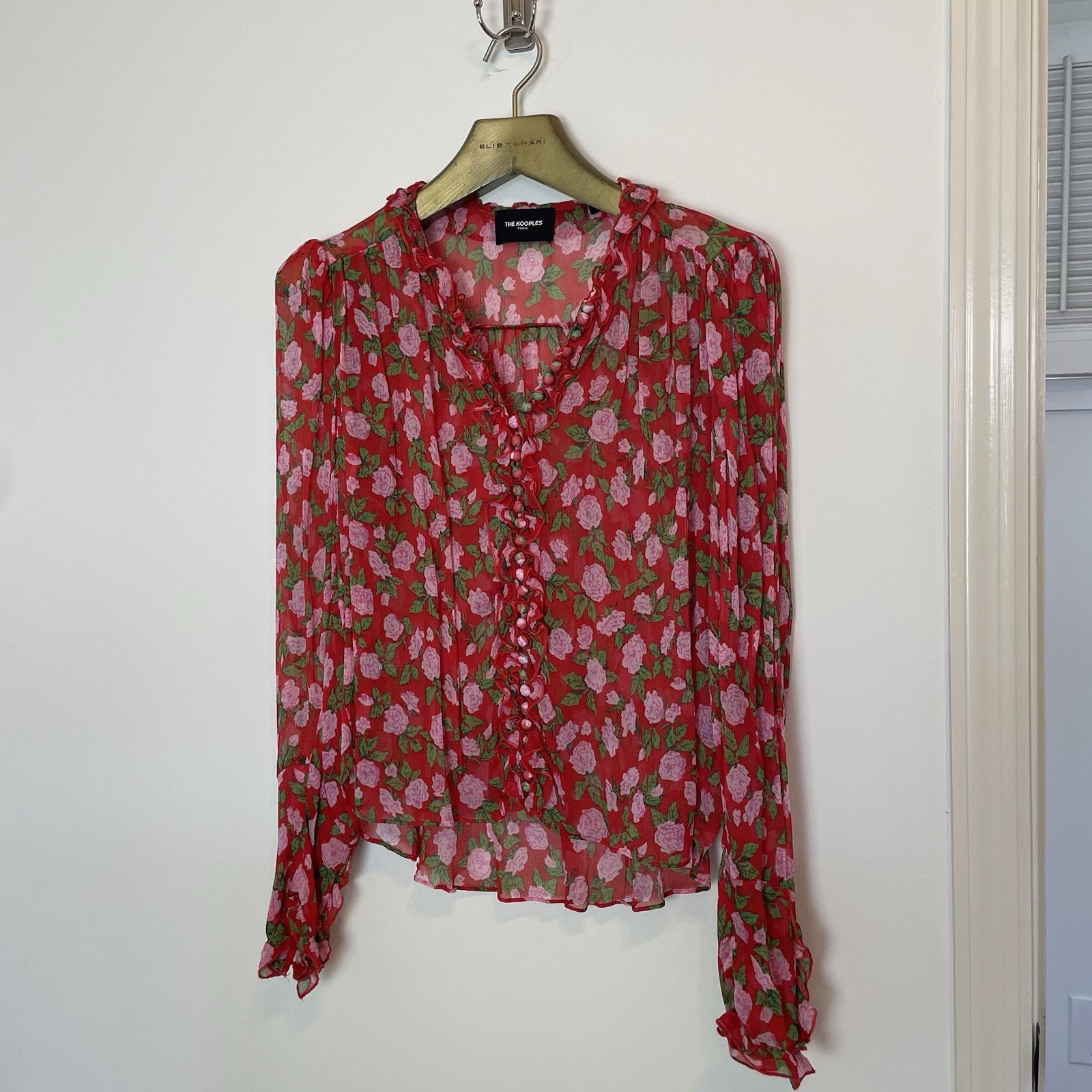 THE KOOPLES Floral Rose Button Down Sheer Victorian Blouse Sz 1 S Small Silky