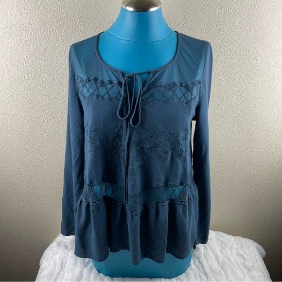 Moon River Blue Embroidered Mesh Lace Peplum Blouse Long Sleeve Tie Neck Large