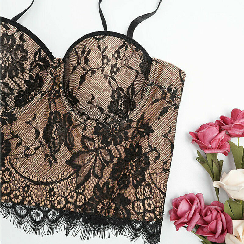 Lady Floral Lace Tank Bustier Bra Bralette Corset Crop Top Spaghetti Straps Sexy