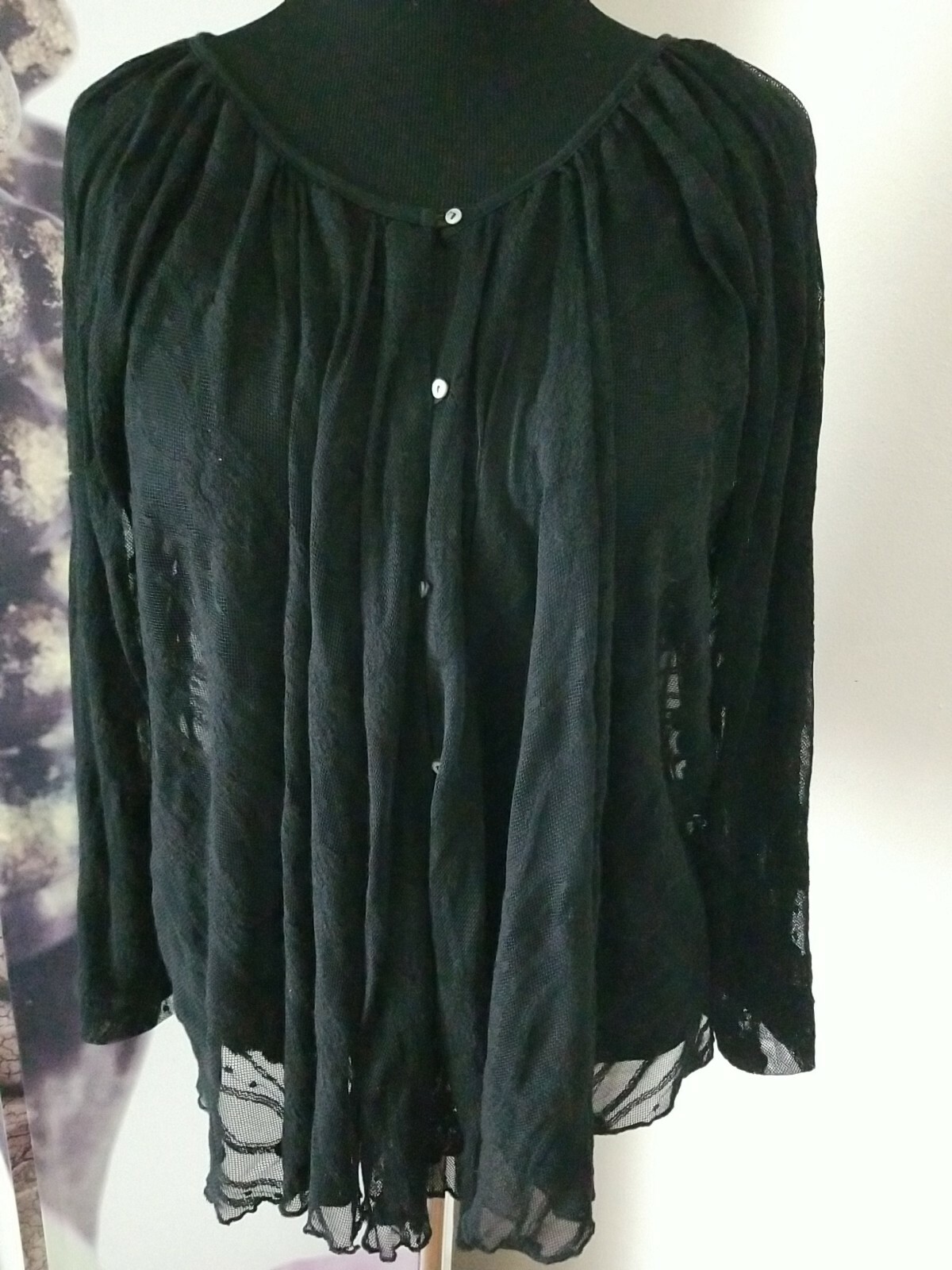 AnM Floral Lace Mesh Button Down Sheer Long Sleeve Overlay Top Size M Black