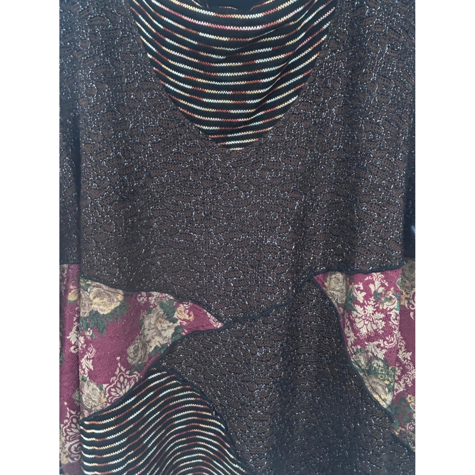 Ali Miles 3X Brown Mixed Media Patchwork Cowl Neck Tunic Shirt Boho Artsy