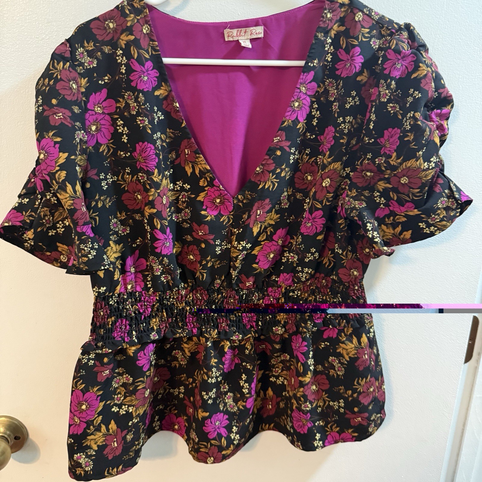 Rabbit Rose Black Floral V-Neck Flutter Short Sleeve Smocked Peplum Blouse XL