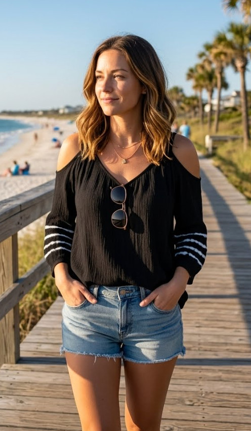 Umgee USA Cold Shoulder Black White Stripe Tie Dye Large Tunic Blouse Boho Retro