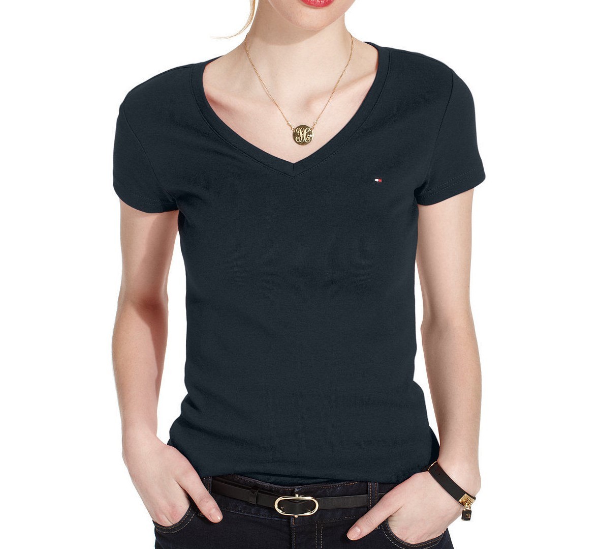 TOMMY HILFIGER V-neck t-shirt Flag logo womens Size S M L XL 2XL Black Red Navy