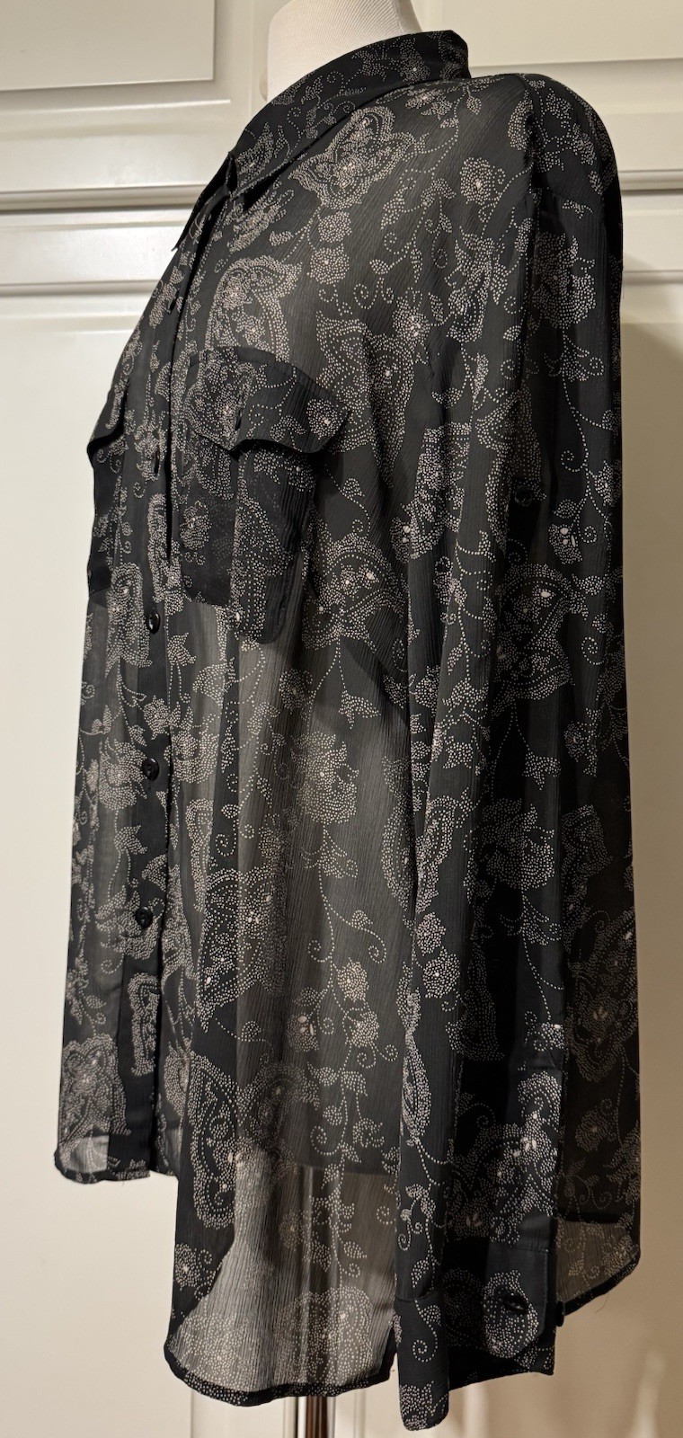 EVAN PICONE Button Down BLACK Paisley Sheer Collared Chiffon Top Blouse 2X Plus