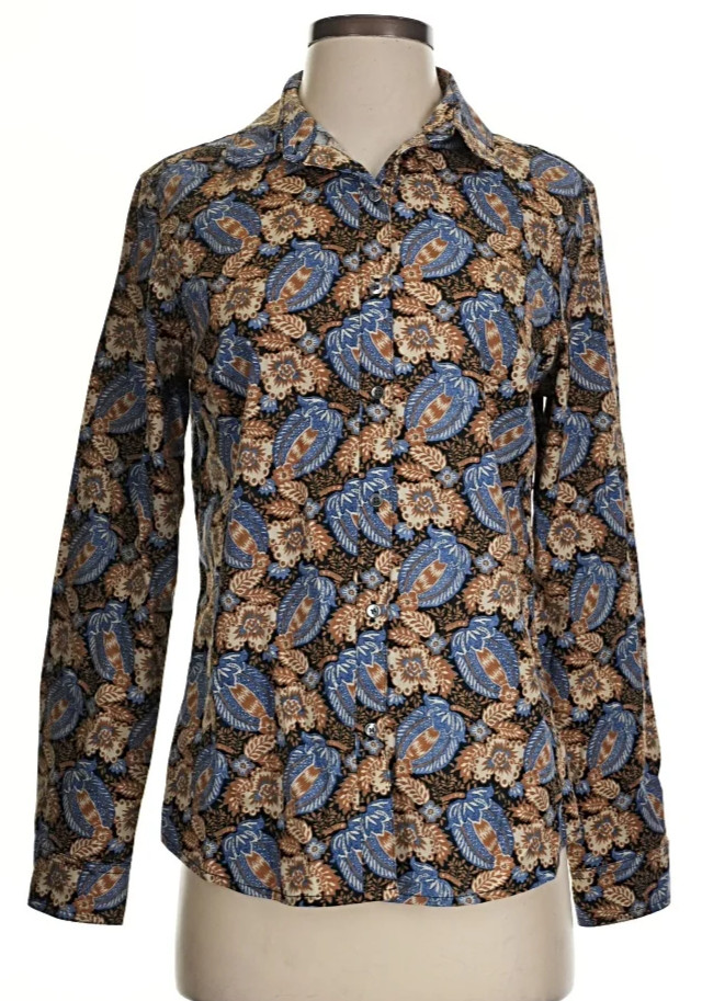 J. McLaughlin Blouse Size Medium Batik Flowers Blue Brown Paisley