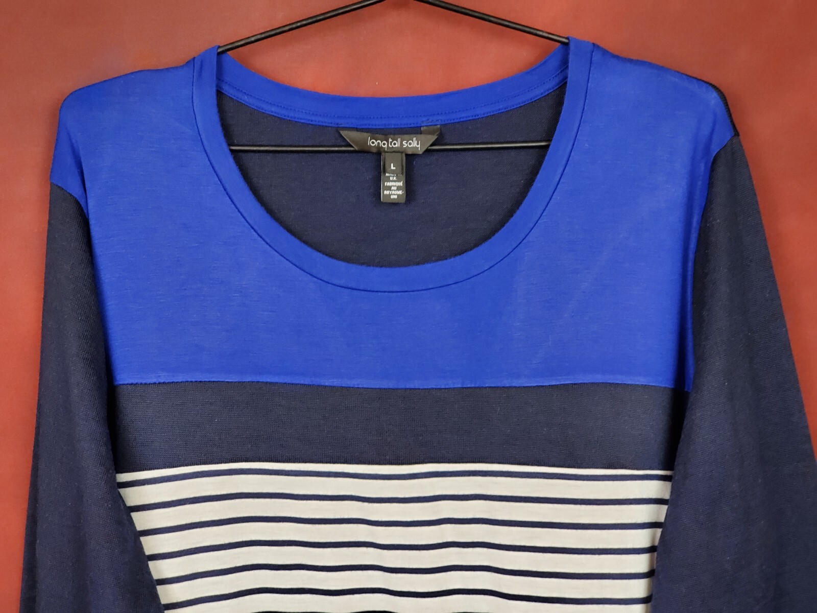 Long Tall Sally Long Sleeve Tunic Top L Tall Hi-Low Blueberry Black Mesh Stripes