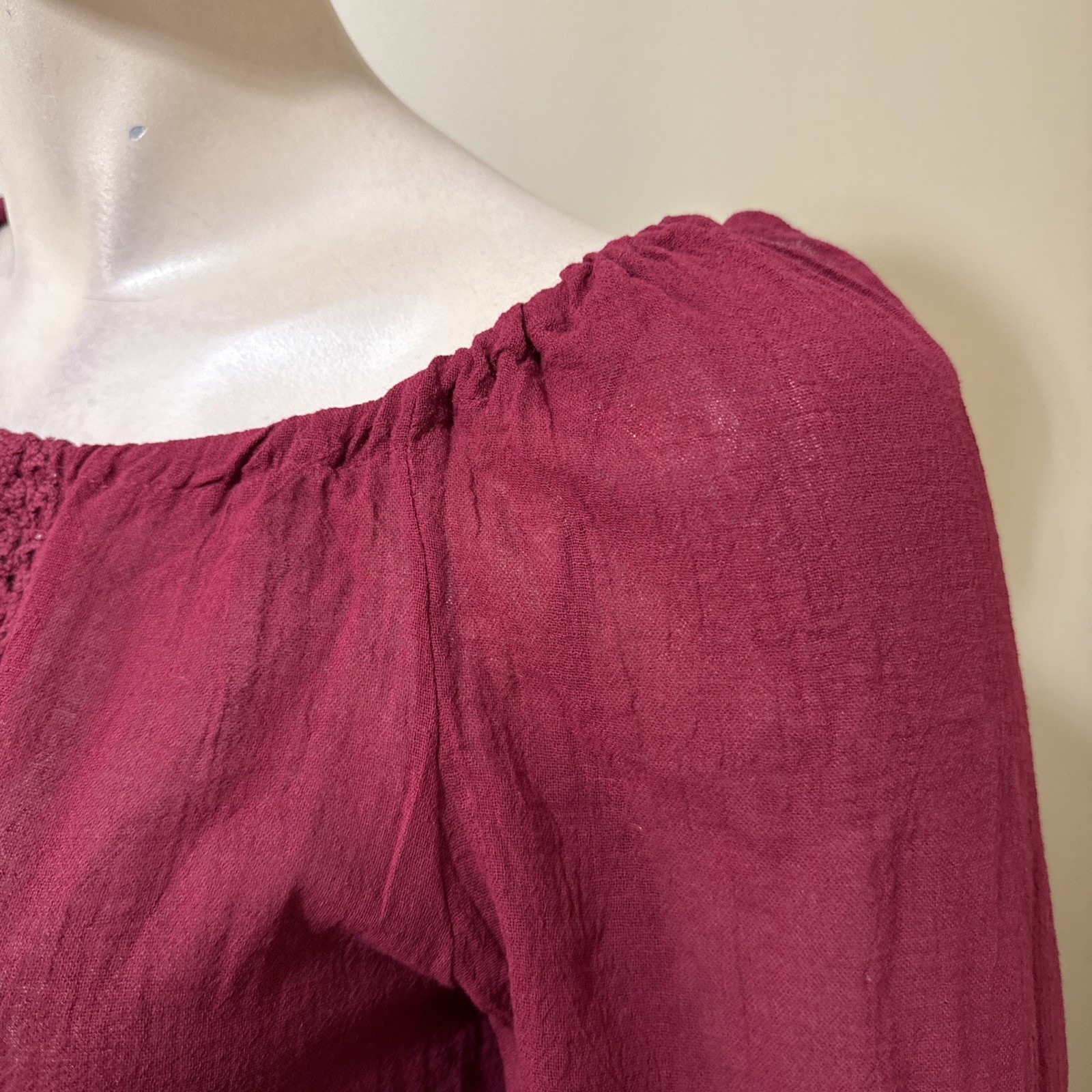 Women’s Burgundy Cotton Casual Boho Lace Long Sleeve Slit Tied Size S Blouse Top