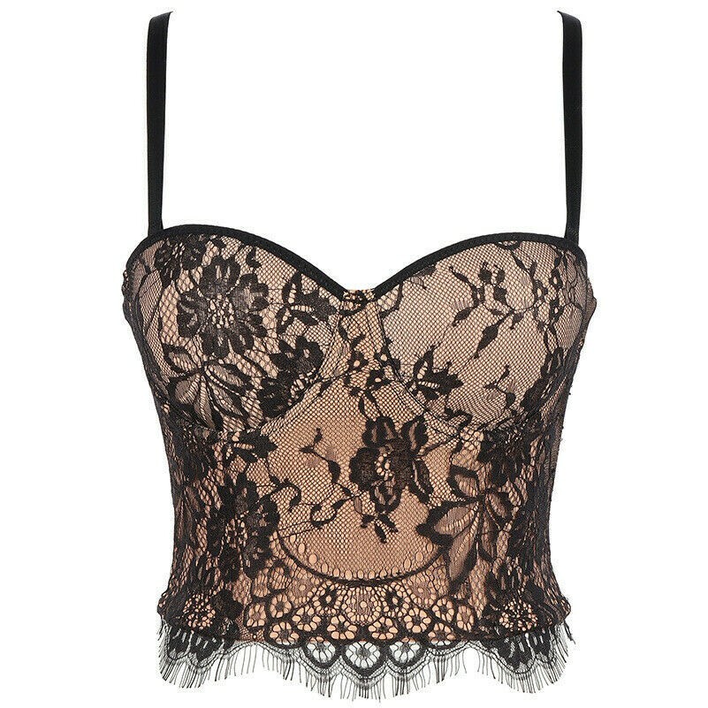 Lady Floral Lace Tank Bustier Bra Bralette Corset Crop Top Spaghetti Straps Sexy