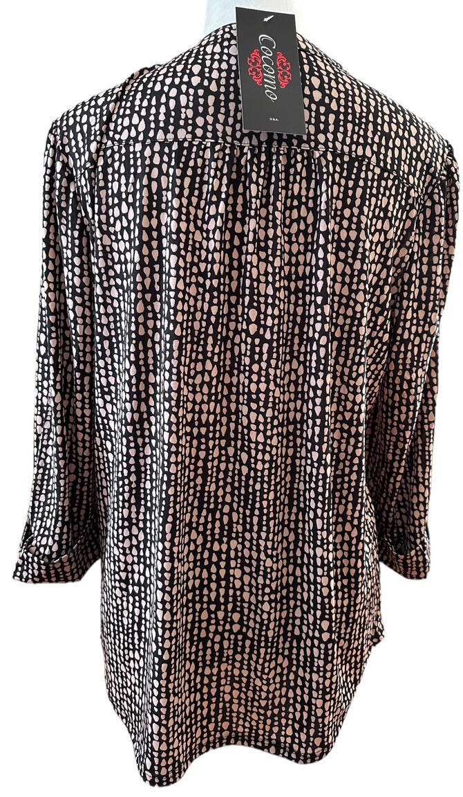 COCOMO XL Black Beige Studded 3/4 sleeve women’s Pintuck Blouse top Tunic shirt