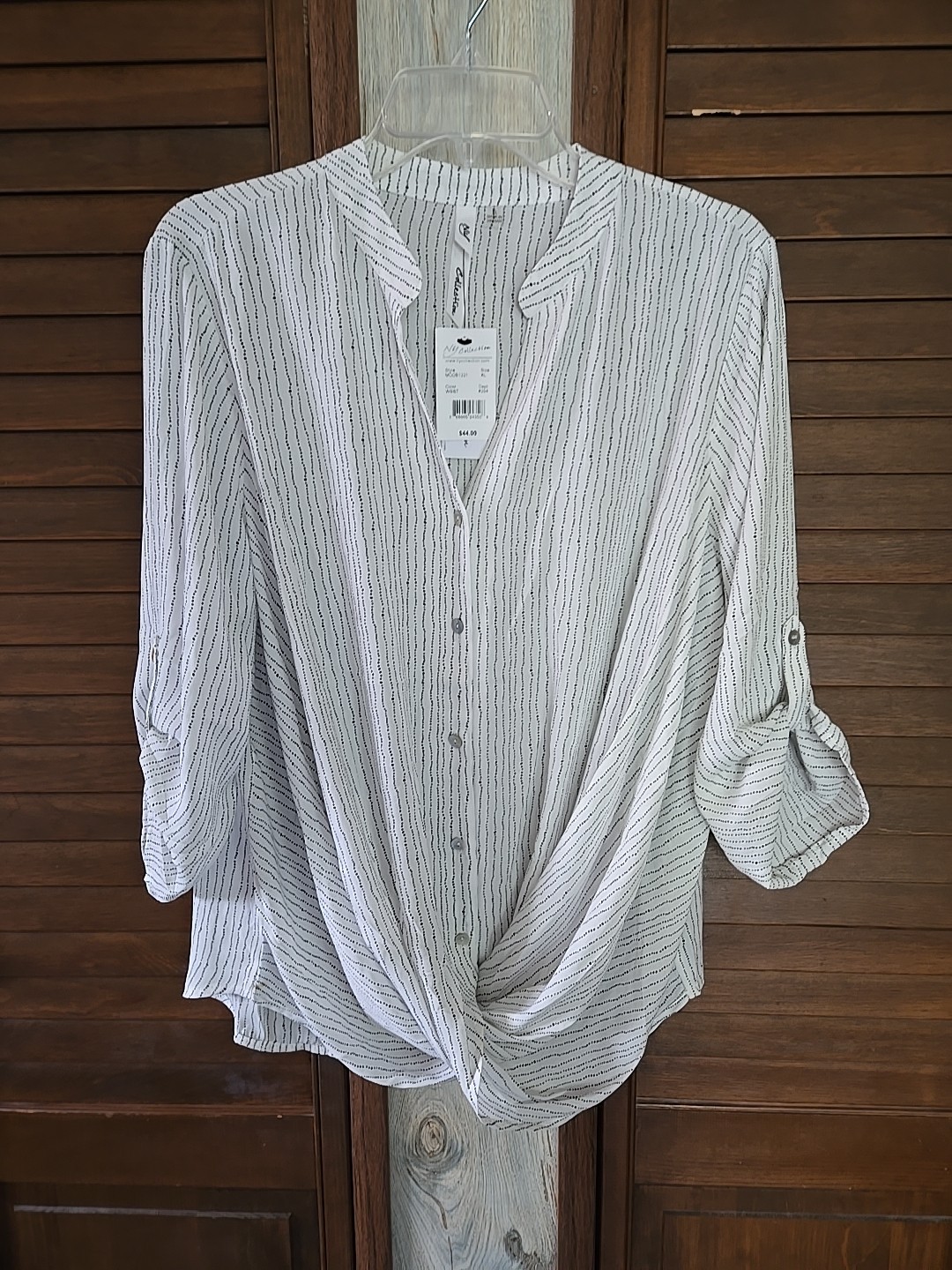 NWT NY Collection Womens Button Blouse Twist Top White Black Sz XL Roll Tab Slv