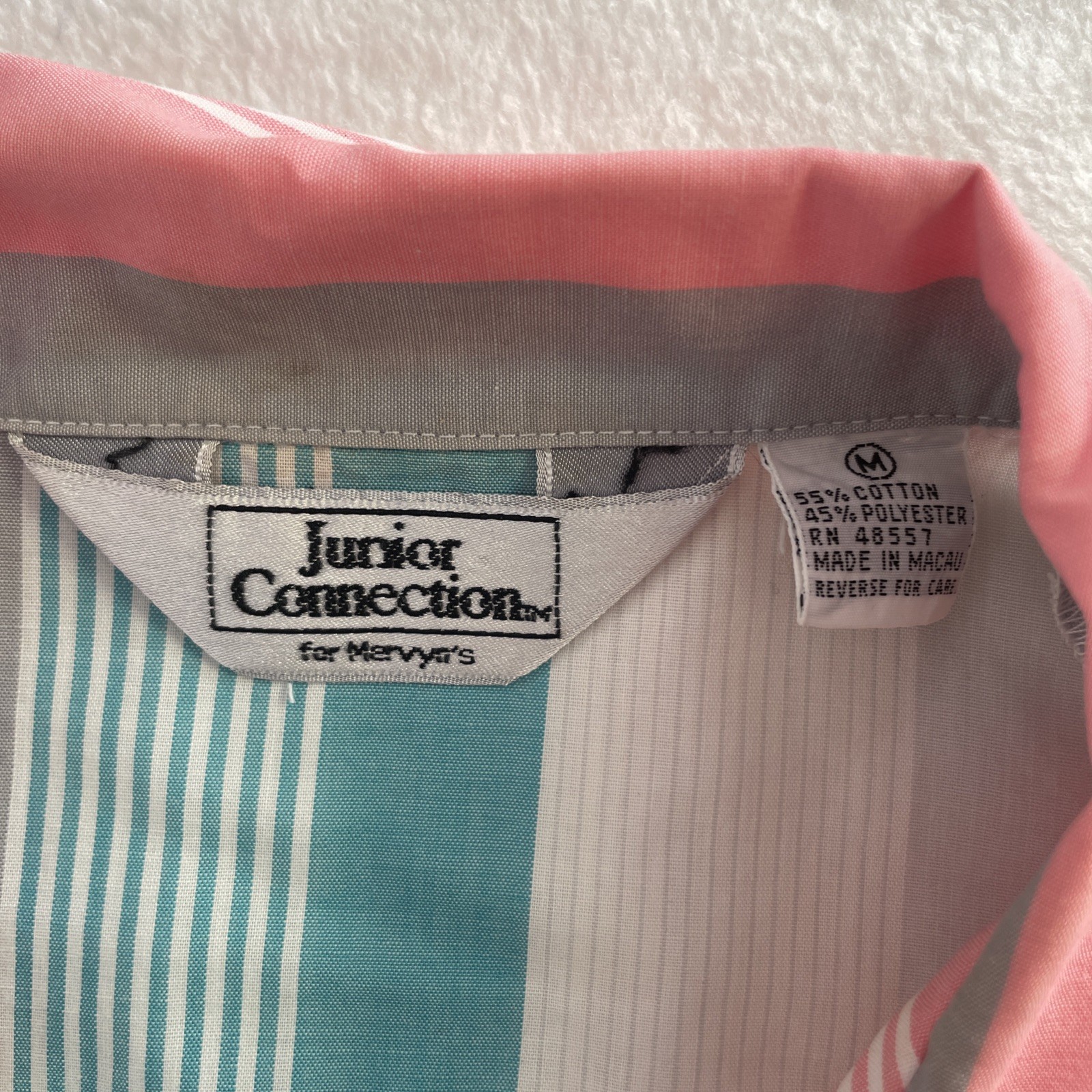 Vintage 90s Women’s Button Up M Teal Pink Grey Stripe Mervyn’s Junior Connection