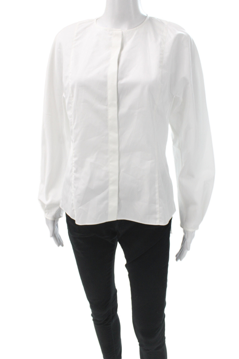Massimo Dutti Women Basic White Cotton Crew Neck Long Sleeve Blouse Size 8