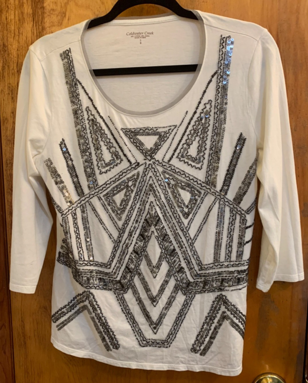COLDWATER CREEK White Scoop Neck Cotton Top Black & Silver Bead Design Women’s S