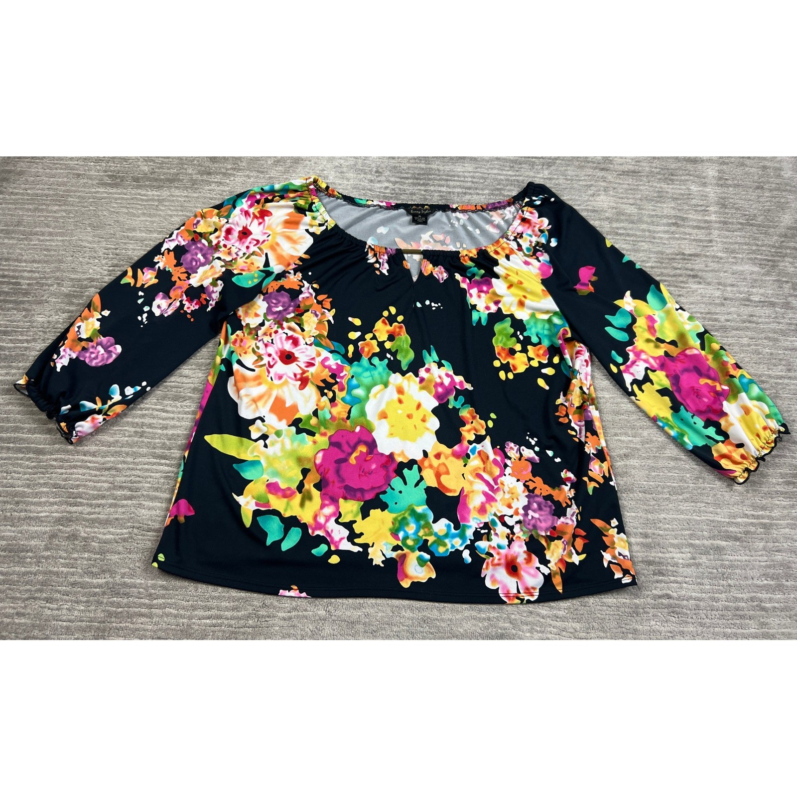Sunny Taylor Blouse Womens XL Black Floral 3/4 Sleeve Keyhole Peasant Top Boho