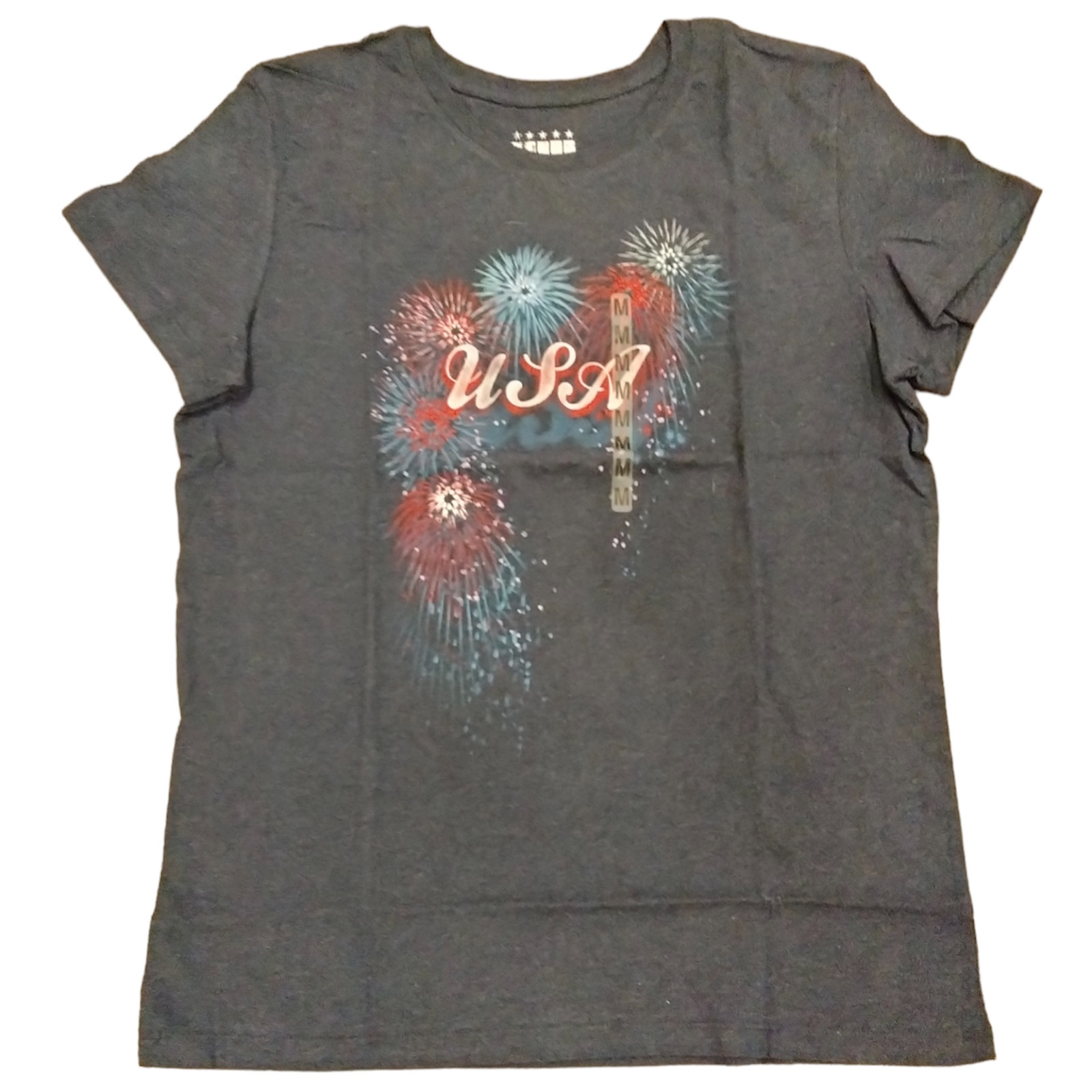 USA Fireworks on Heather Navy Ladies MED or LG Short Sleeve Crewneck Tee