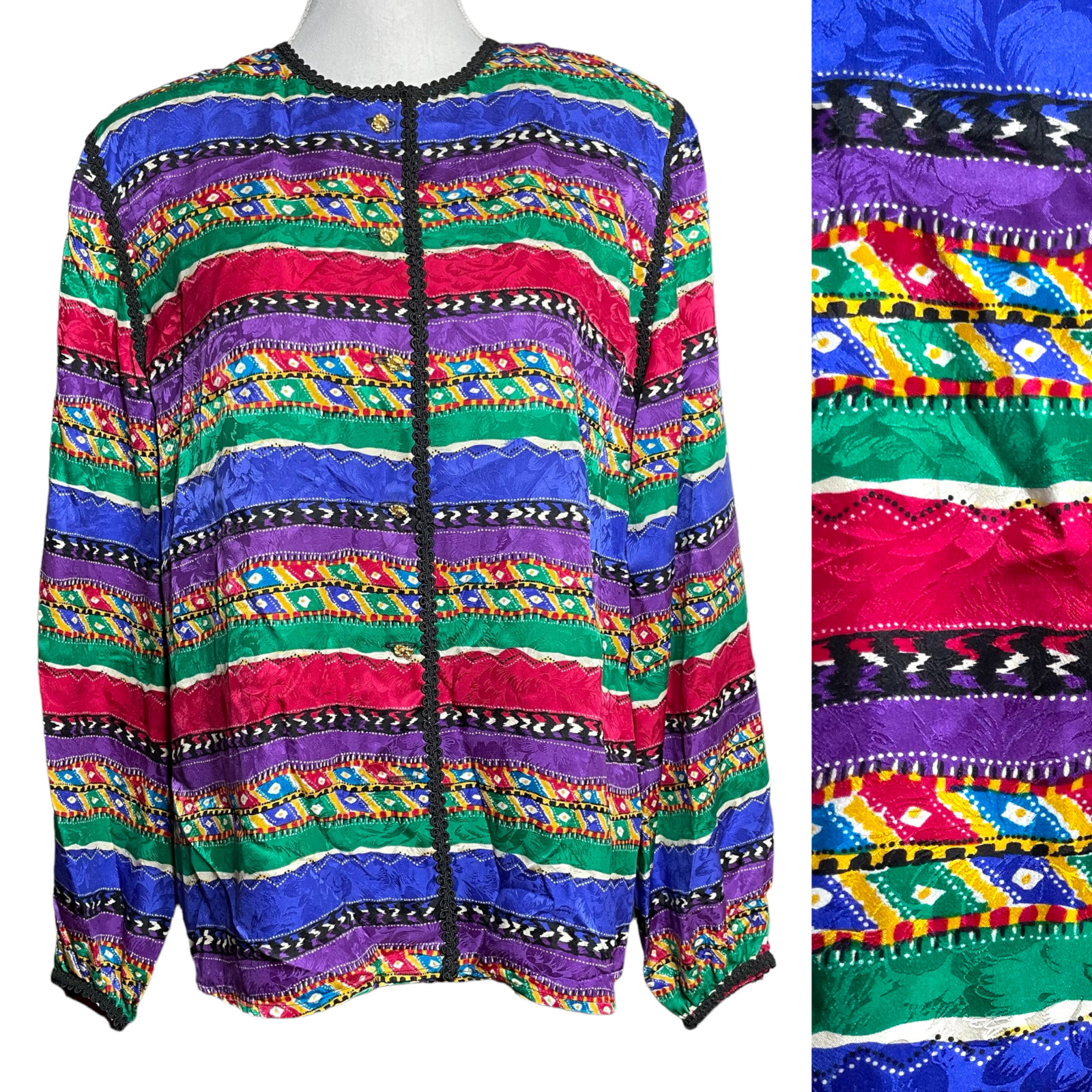 100% Silk Striped Jacket 12 VTG Maggy London Rainbow Baroque Geometric Patterned