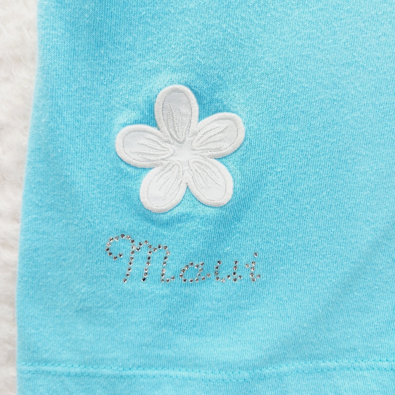 T-Shirt Blue Maui Hawaii Silver Stud Rhinestone Applique Plumeria Travel Size M