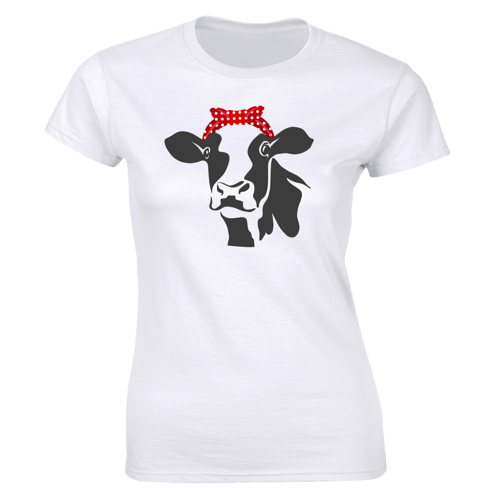 Cow Wearing Red Ribbon T-Shirt for Women Funny Cute Tee
