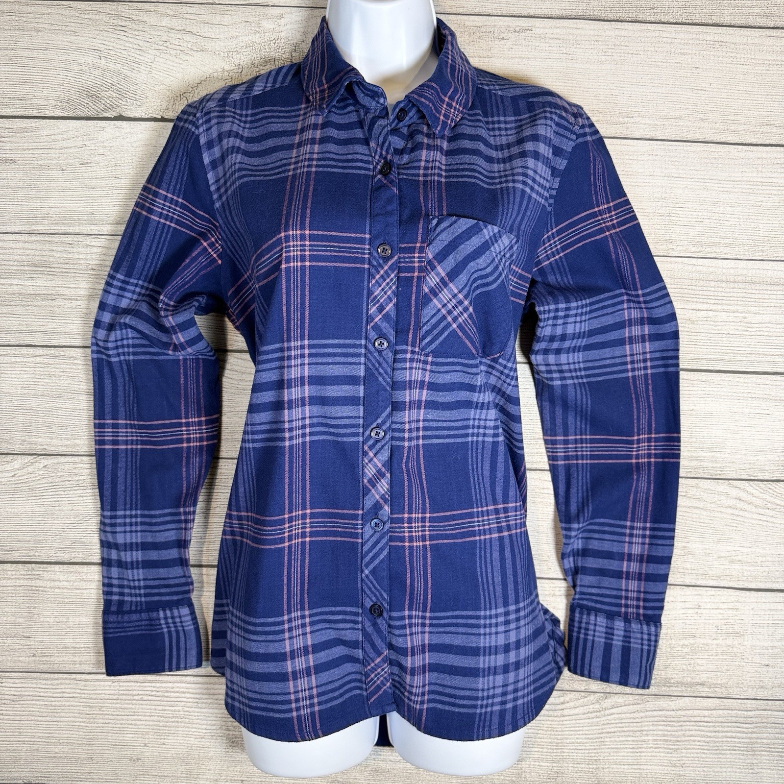 Orvis Blue Pink Plaid Flannel Stretch Button-Up Long Sleeve Point Collar M