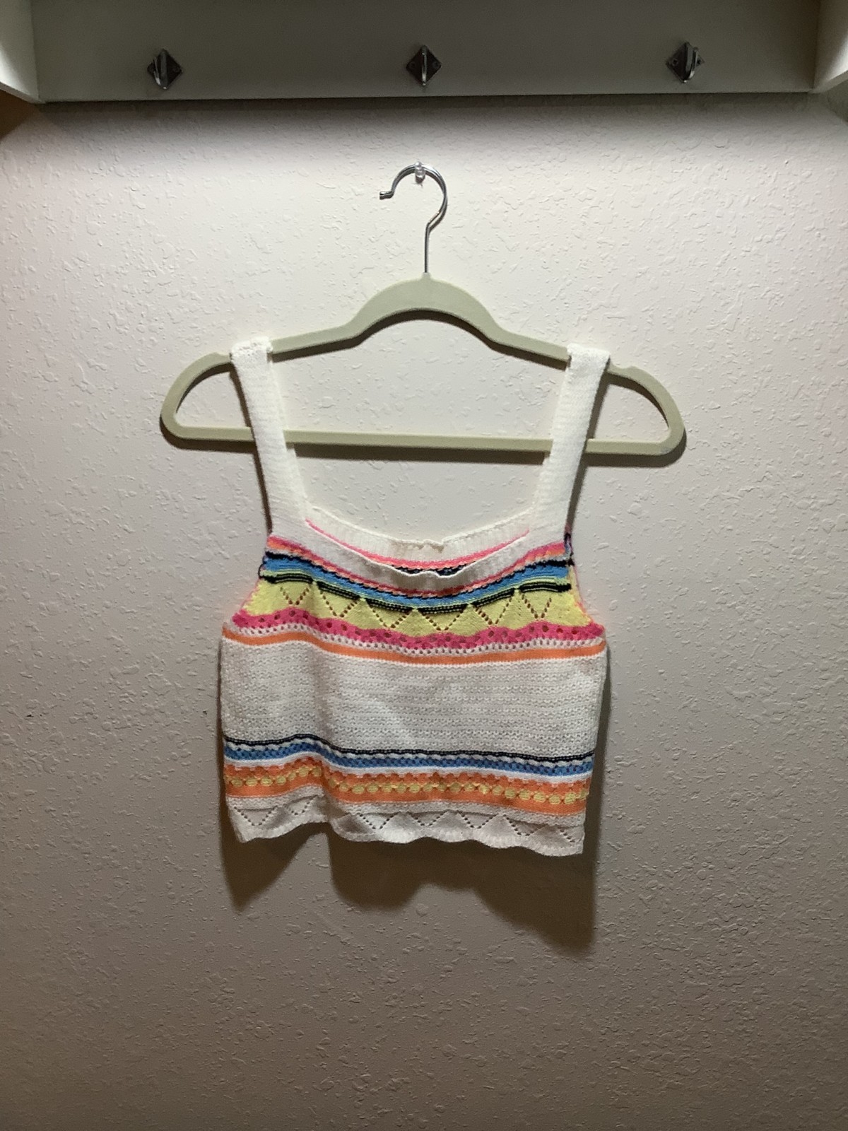 Knit Cream Tank Top Multicolor Embroidery Pink Yellow Crop Top Scallop – Large