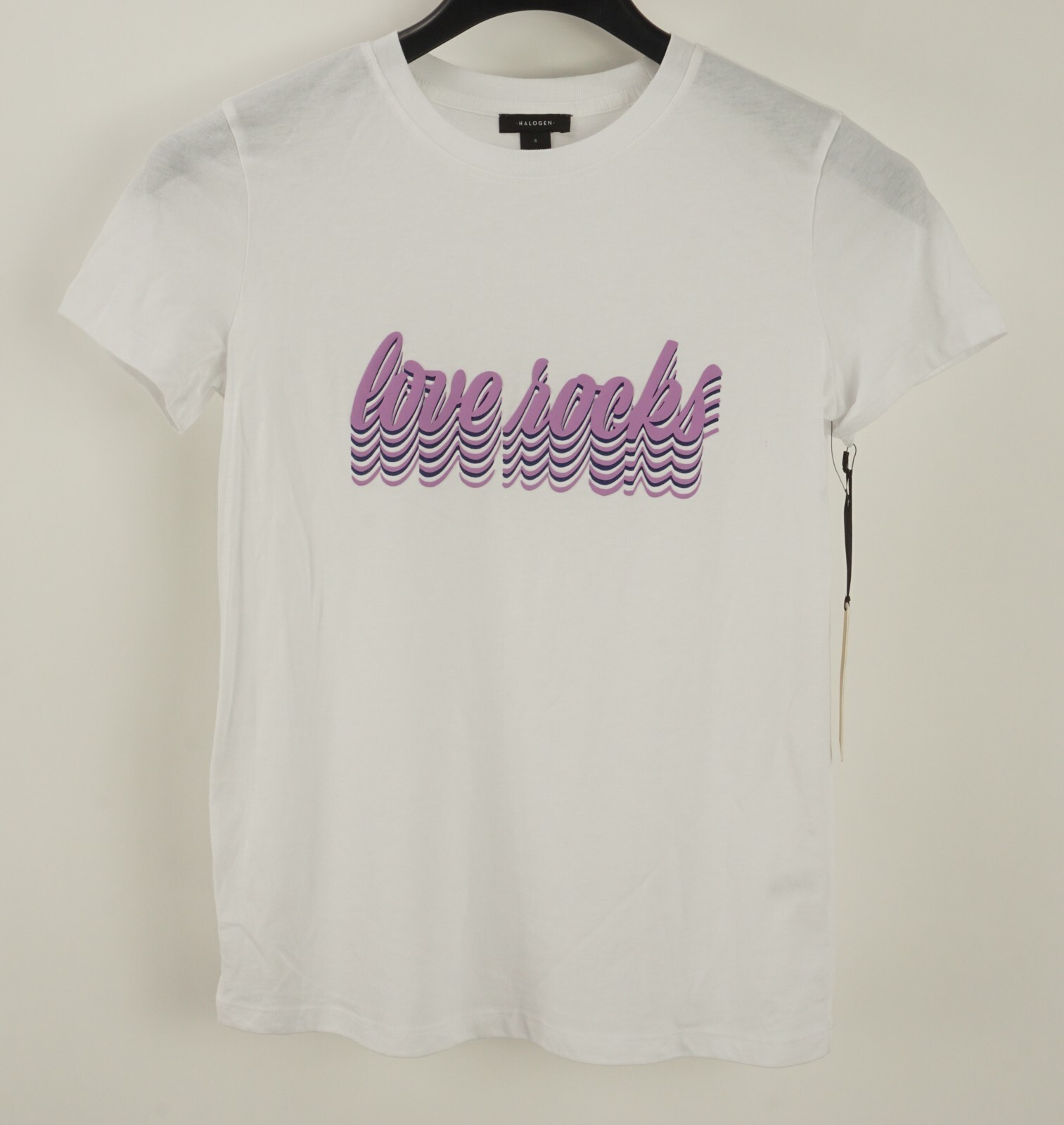 New Halogen Love Rocks Women’s Size XL White Purple Graphic Jersey Crew T-Shirt