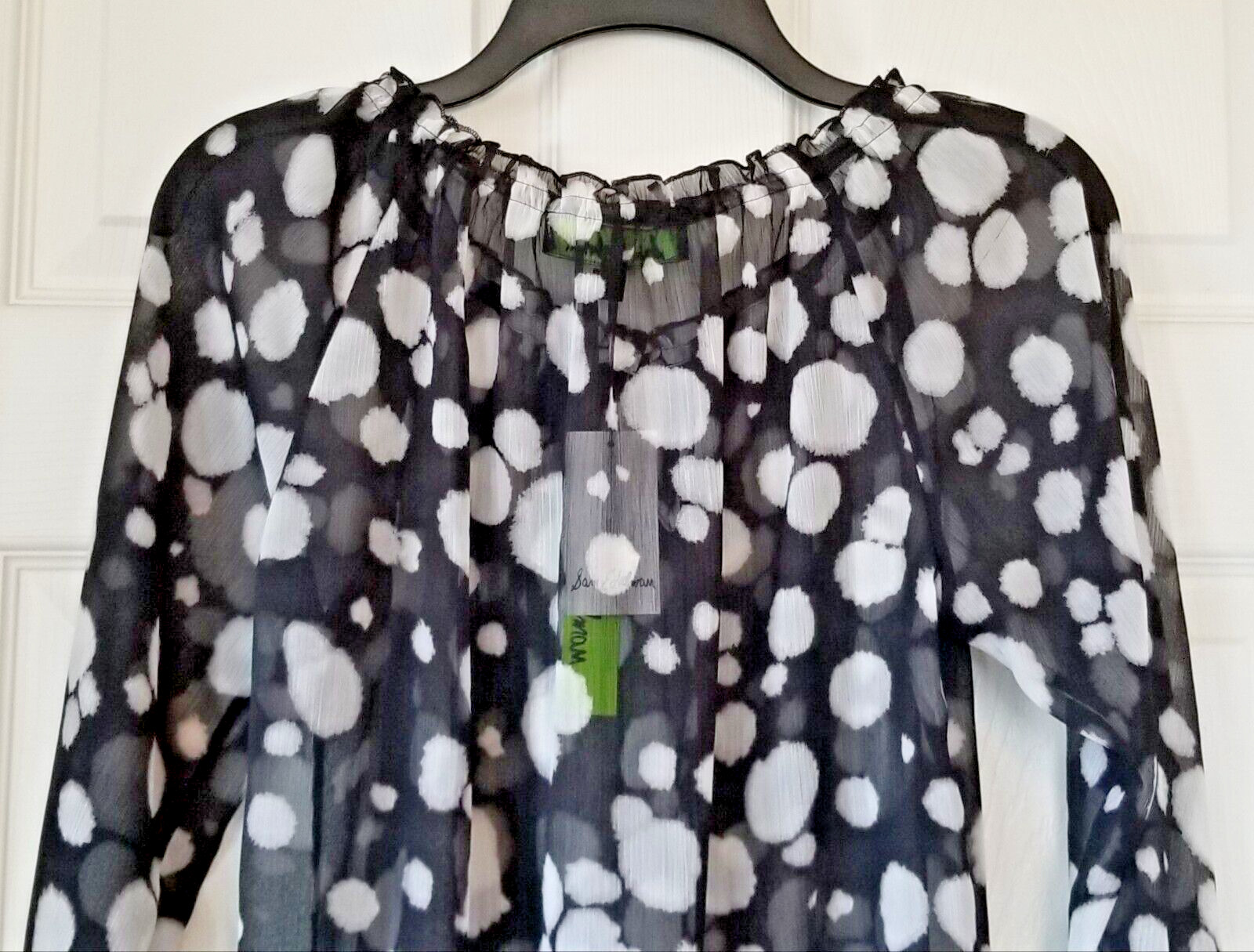 SAM EDELMAN Black & Ivory Spotted Blouse Tie Neck Long Sleeves Sheer Size M NWT