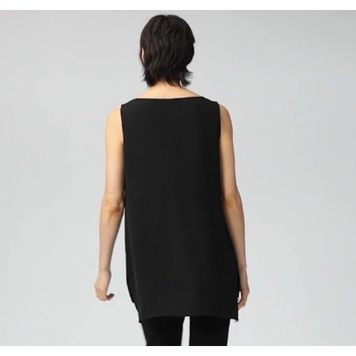 Eileen Fisher System Black Silk Georgette Bateau Neck Tank Stepped Hem | Size S