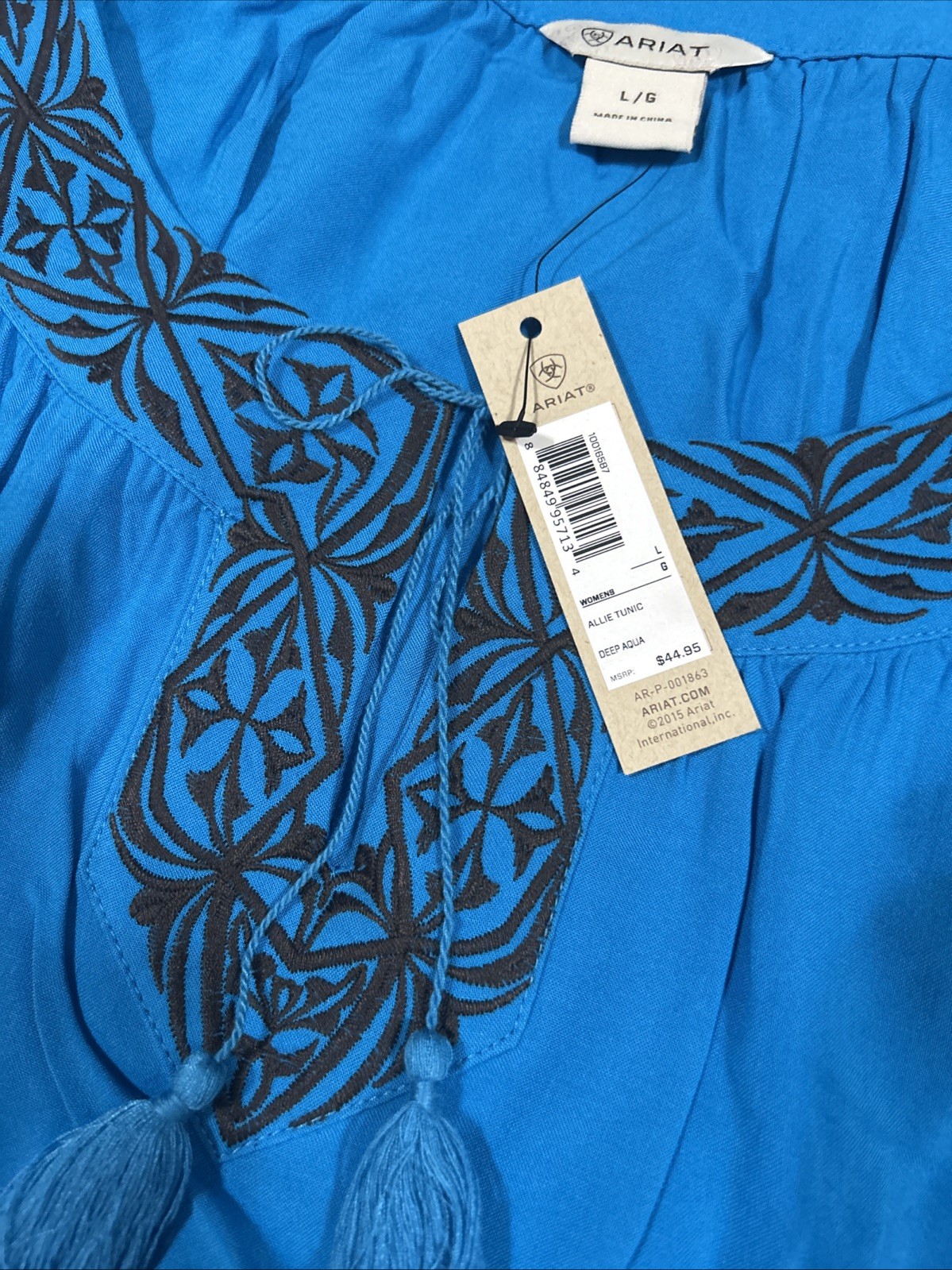 Ariat Allie Tunic Sz Lg Blue Tassel Embroidered Long Sleeve Boho Peasant Western