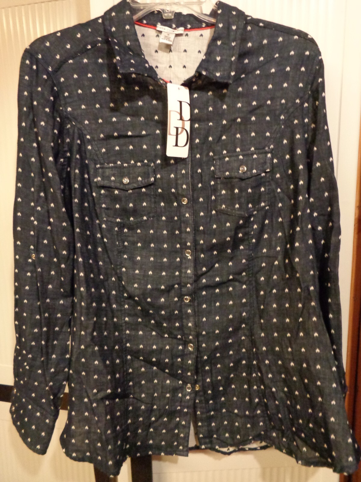 WOMEN NEW XL COTTON DALIA COLLECTION L/S BLOUSE-SNAP FRONT CLOSURE BLACK & WHITE