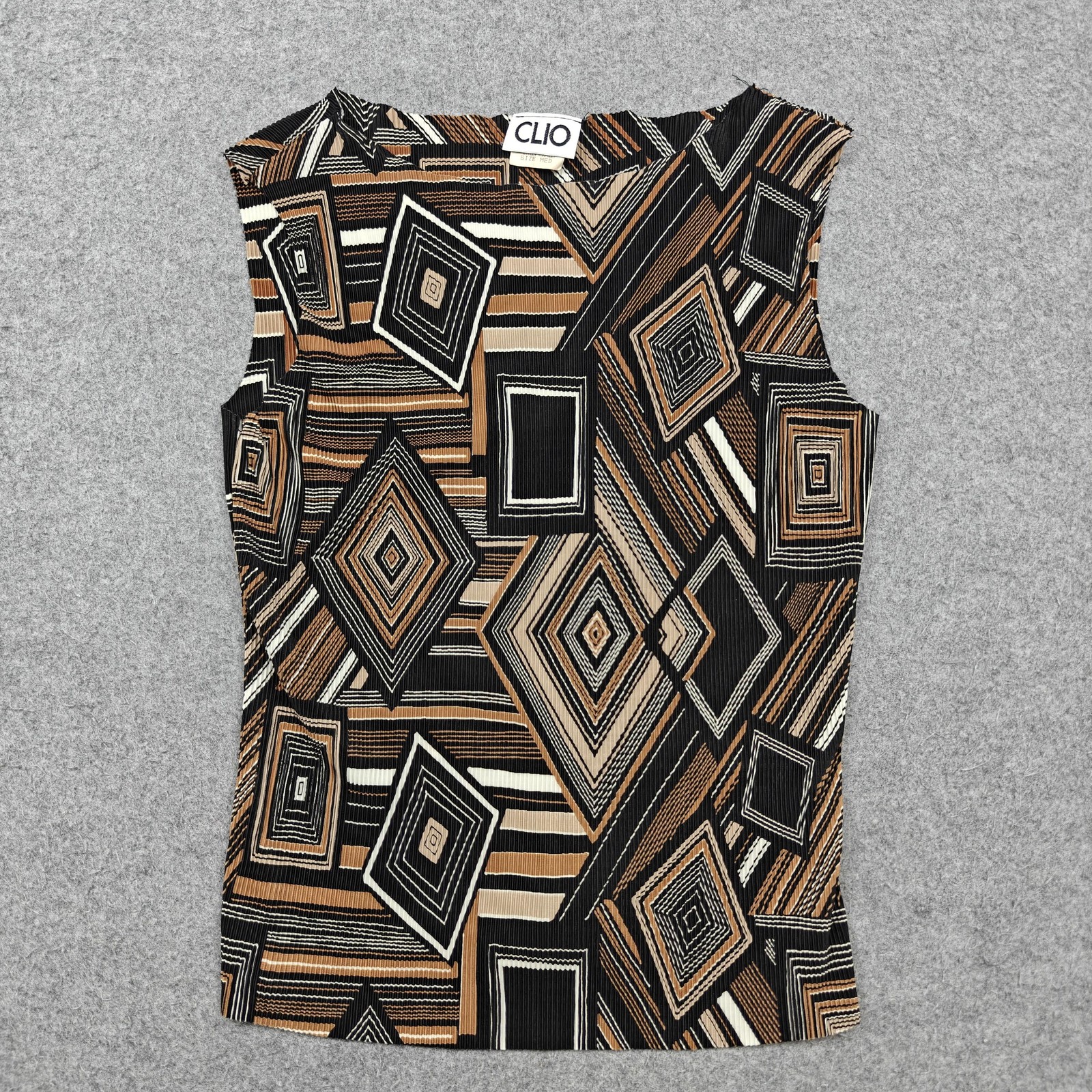 Vintage Clio Tank Top Womens Medium Brown Geometric Print Knit Sleeveless USA