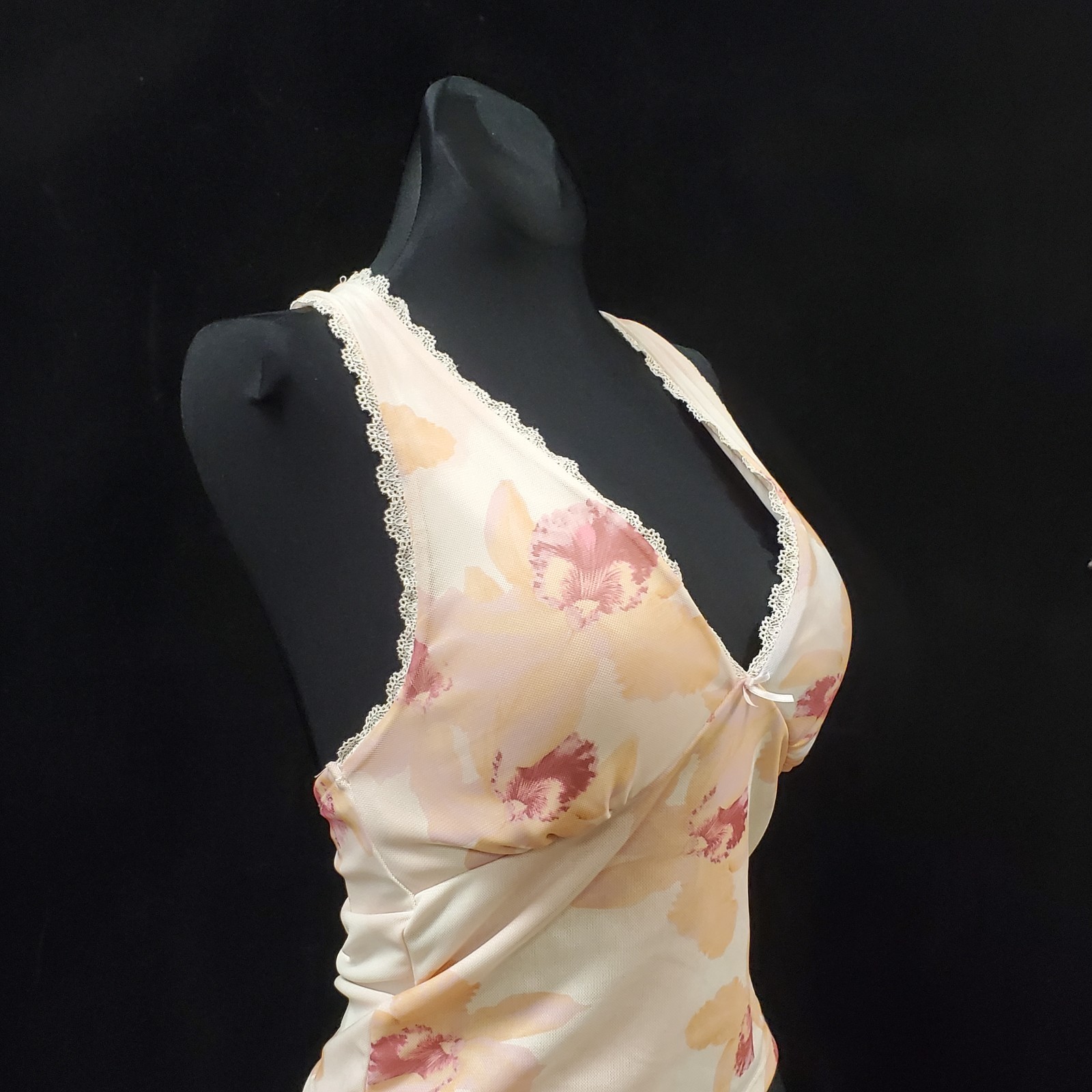 Micro Mesh Babydoll Top Size S Y2K Lace Trim Floral Summer Festival Concert