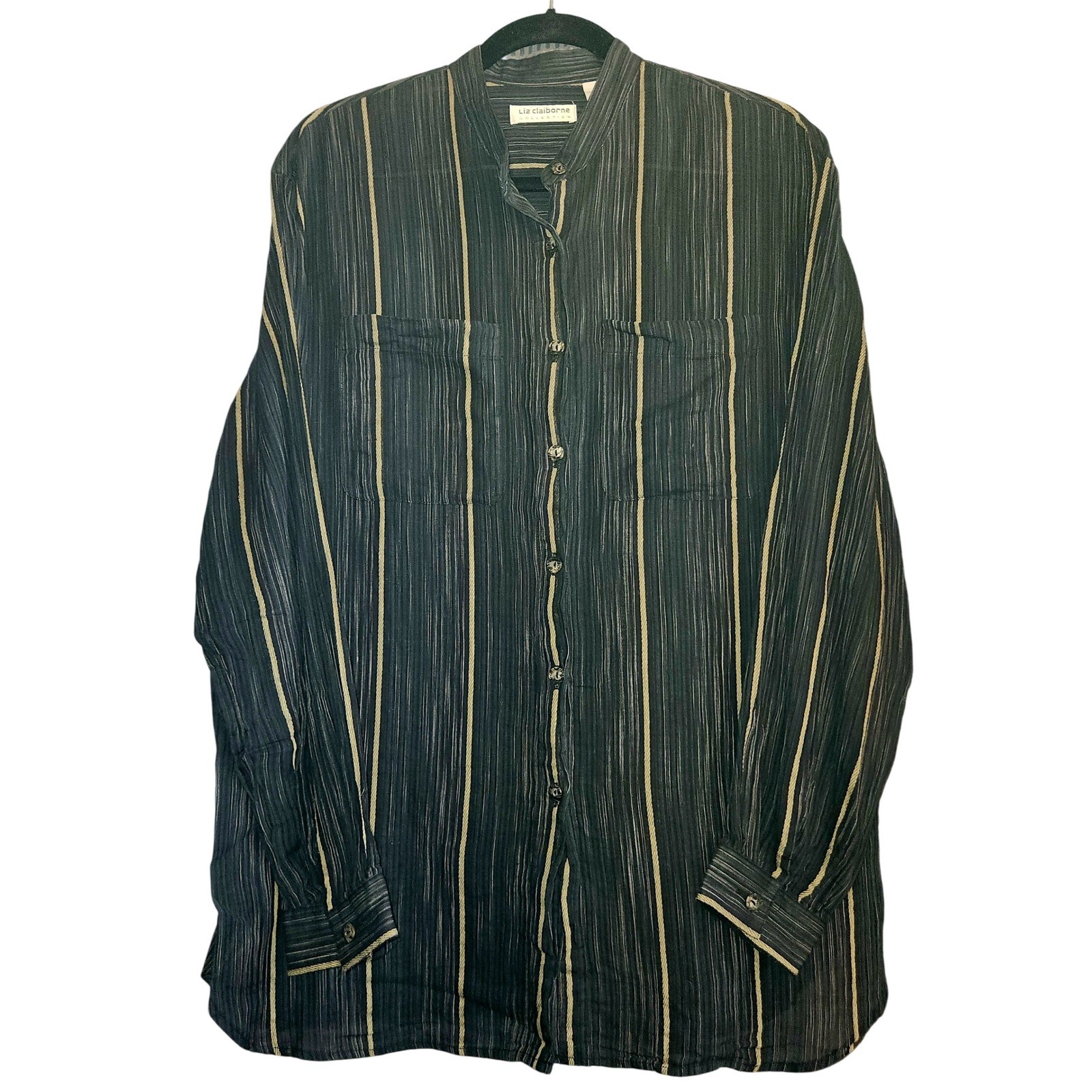 Liz Claiborne Button Up Womens 12 Navy Tan Excellent Striped Cotton Band Collar