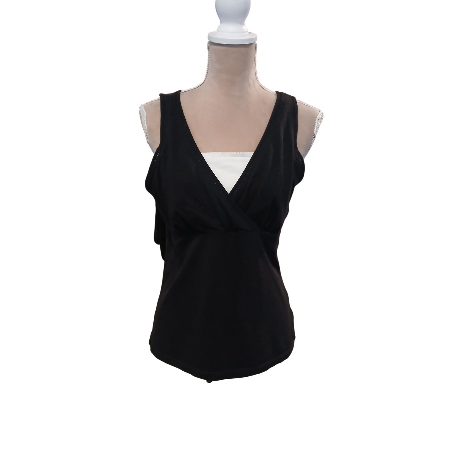 Black White Layered BabyDoll Tank Top Empire Waist Lace Trim Womans Summer Med