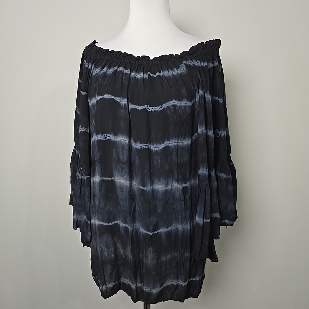 Elon Black Tie Dye Off Shoulder Large Bat Wing Tunic Top OS One Size