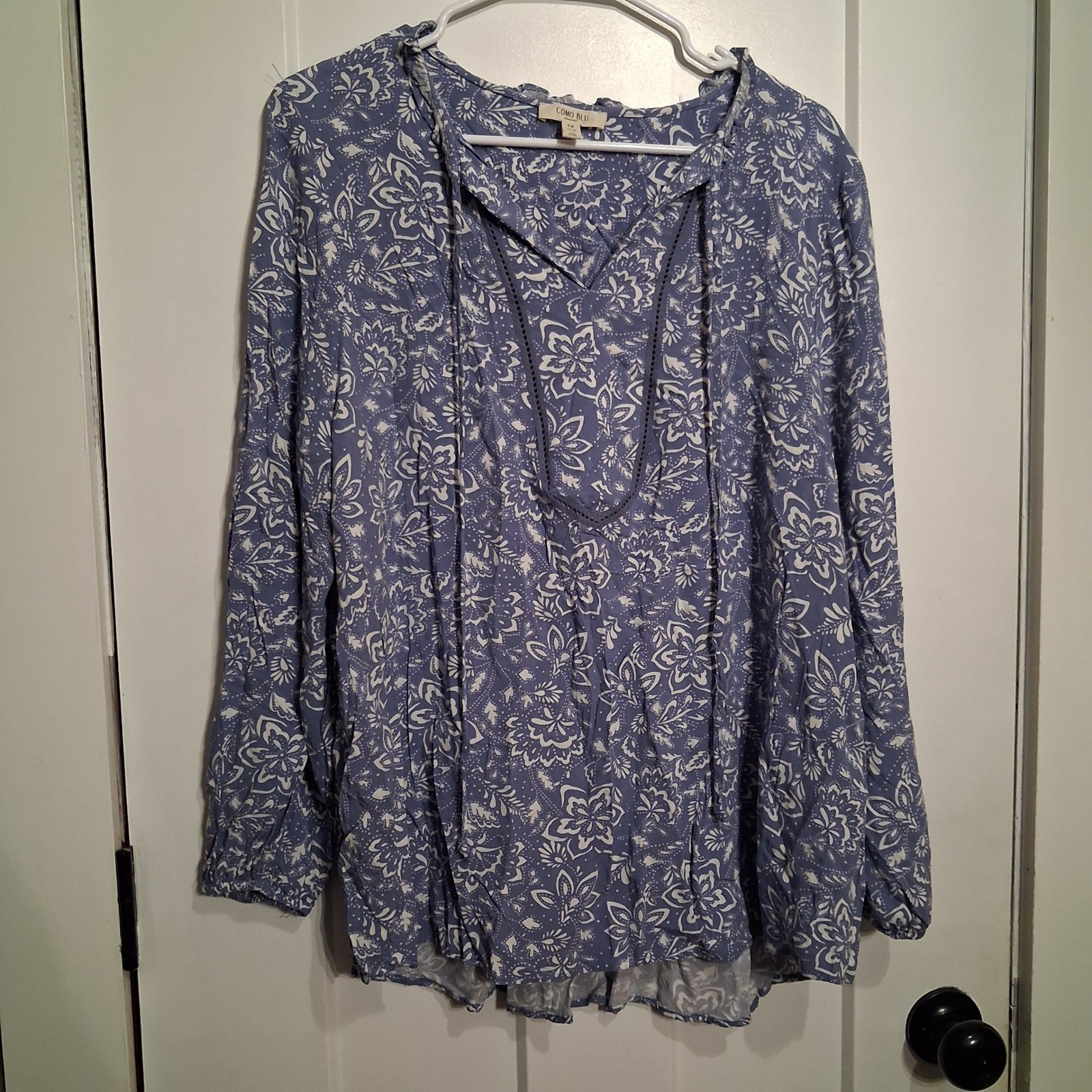 Como Blu Womens 1X Blue Floral Paisley Long Sleeve Peasant Blouse F2U018WBLU