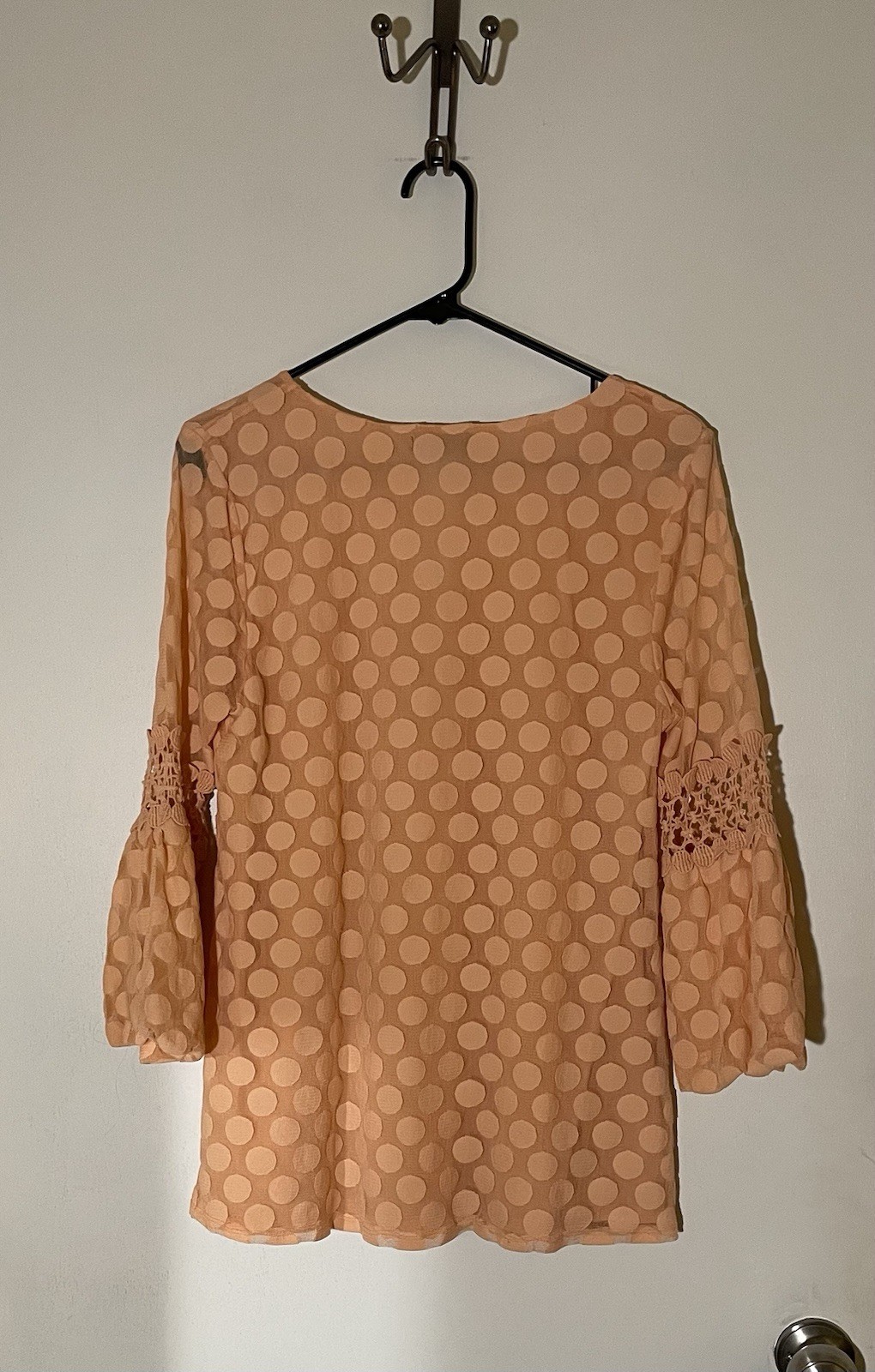 # 9 Alfani Peach Polka Dot Chiffon Lace Trim Sheer 3/4 Balloon Blouse L