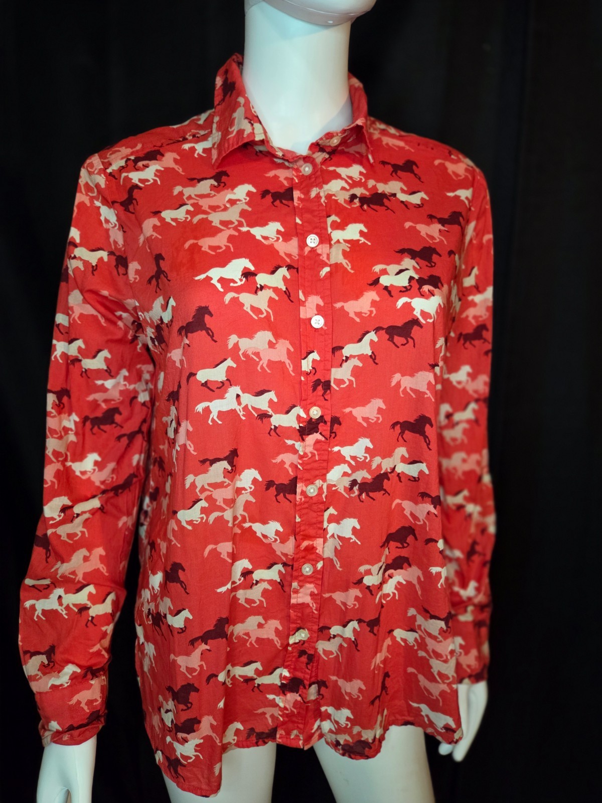 LOFT Shirt Womens Small Red Cotton Long Sleeve Horse Print Button Up Equestrian