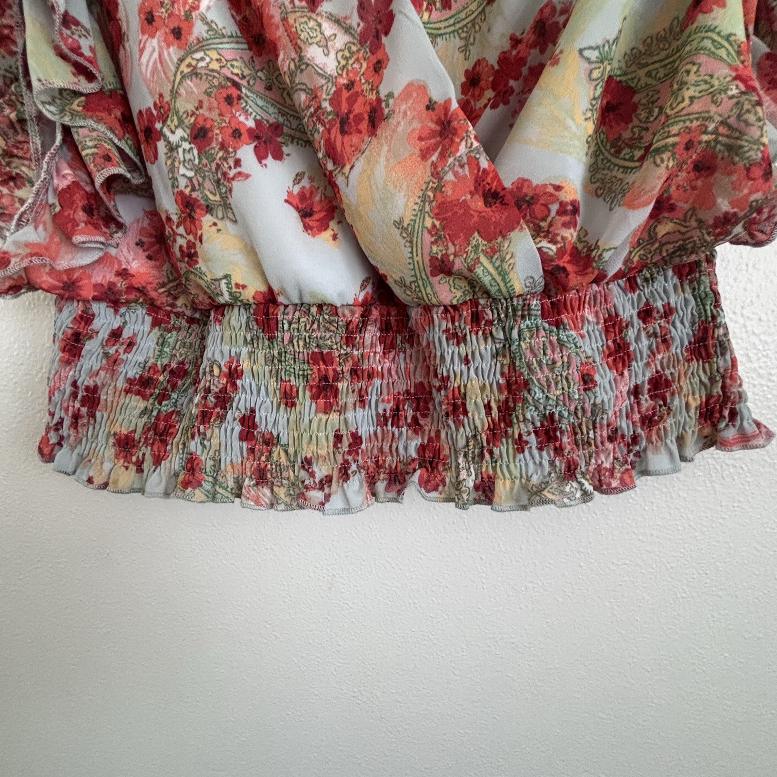 Willow + Root Women’s Floral Chiffon Flutter Sleeve V-neck Blouse Size XL