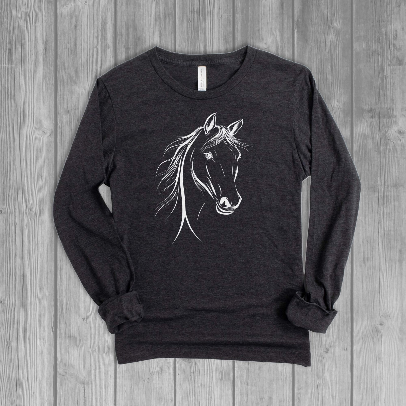 Horse Head Sketch Womens Long Sleeve T Shirt, Western Farm Animals, Equestrian