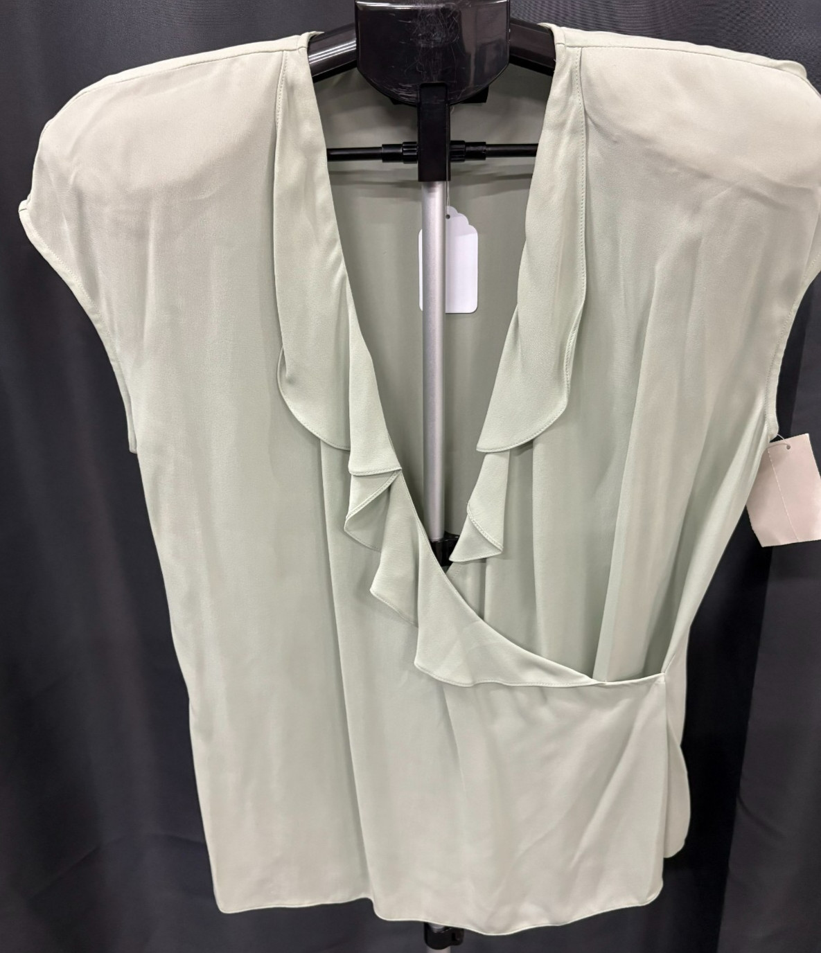 Linda Allard Ellen Tracy Light Sage Green Silk Ruffle Shirt Sz 10