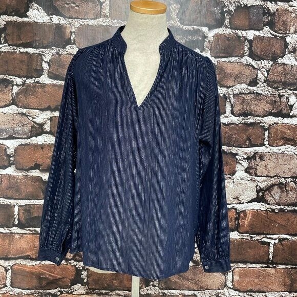 Closed Blouse Top Shirt Womens Small Blue Metallic Silver Stripe Evelyn V-Neck