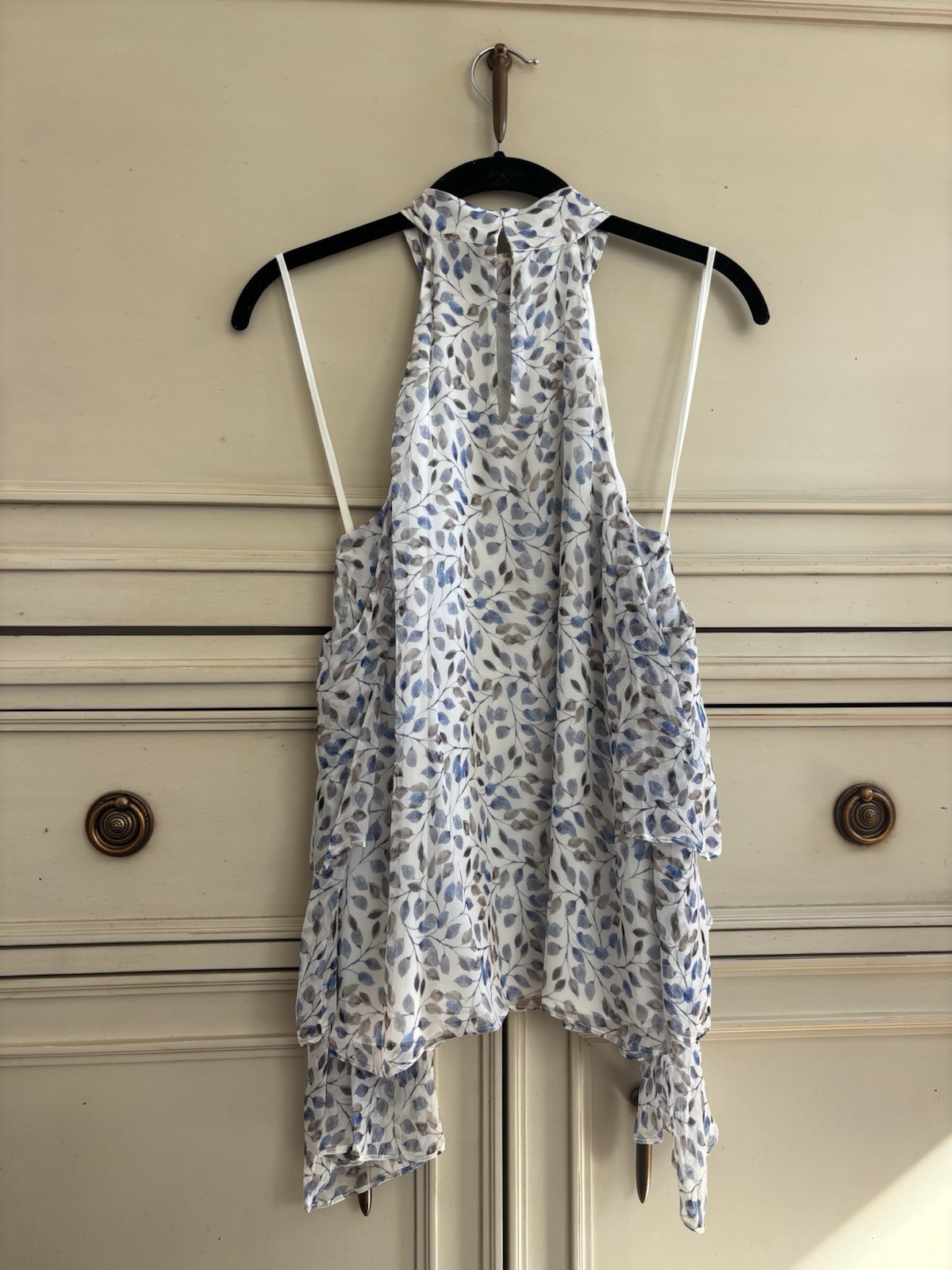 Intermix Silk High Neck Blue Leaf Blouse Open Shoulder Small Lined Spring