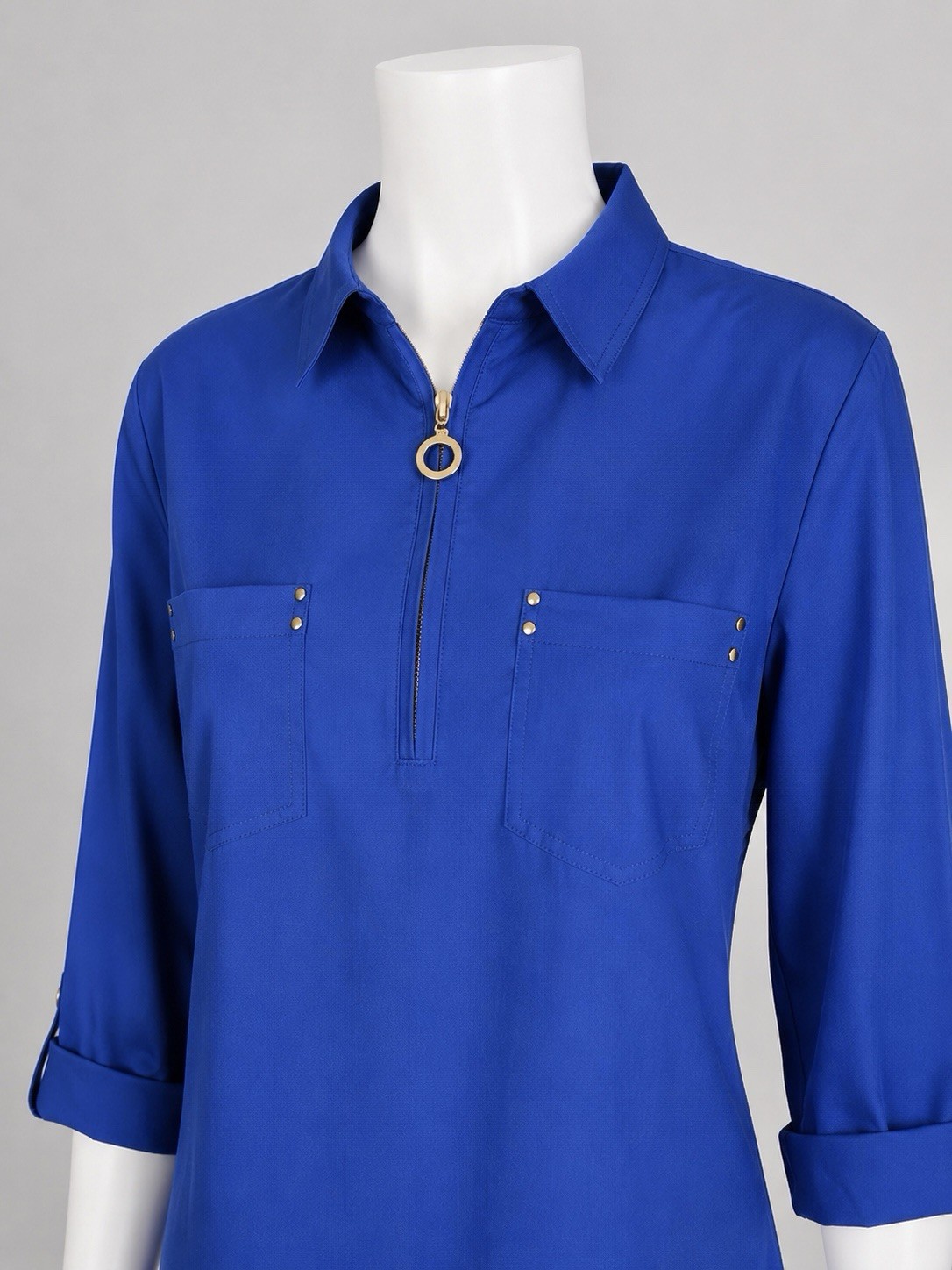 Cathy Blouse Top Womens Medium Blue Zip Front Collared Roll Tab Sleeve Pocket